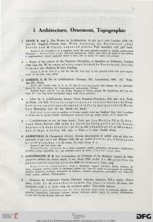 I. Architecture, Ornement, Topographie (Nr. 1-347)