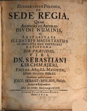 Dissertatio Politica De Sede Regia