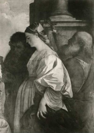 Maria mit dem Kind und vier Heiligen : Gemälde "Maria mit dem Kind und vier Heiligen", Ausschnitt: Magdalena, Paulus und Hieronymus (um 1516/1520, T. Vecellio; Pappelholz; 138 x 191 cm; Staatliche Kunstsammlungen Dresden (SKD))