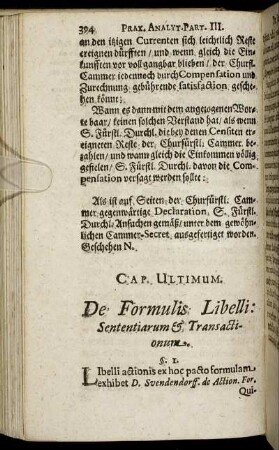 Cap. Ultimum. De Formulis Libelli: Sententiarum & Transactionum.