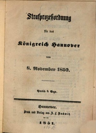 Strafprozessordnung für das Königreich Hannover vom 8. November 1850