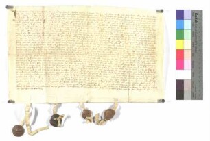 Hans von Bolzhausen und Margarethe, seine Hausfrau, verkaufen an das Kloster eine Gült von einer Wiese zu Tauberrettersheim; ausgestellt o.O., 1376 (St. Katharinenabend); Pergament, Siegel: Hans von Bolzhausen, Margarethe, seine Hausfrau, Hans von Schopfloch und Hans von Ochsenfurt.