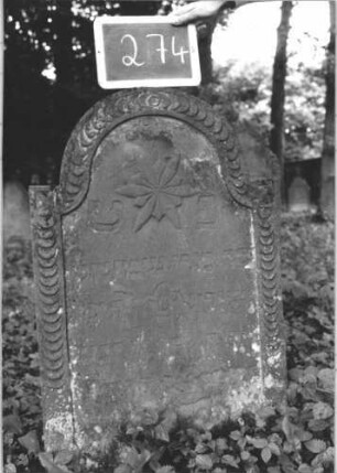 Grabstein 274 (Index: 99894625) Material: Sandstein Zustand: verwittert Maße HxBxT: 97x60x10 cm Beschreibung: Stele mit eingezogenem Rundbogenabschluss Symbolik: Blüte, Schuppenmuster: Grabstein 274