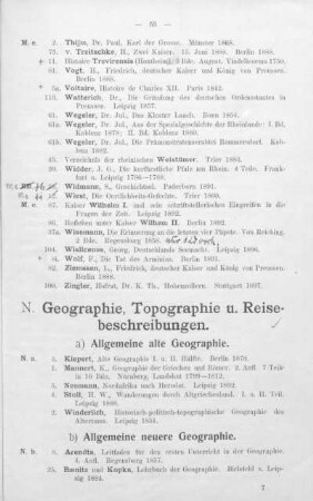 N. Geographie, Topographie und Reisebeschreibungen.