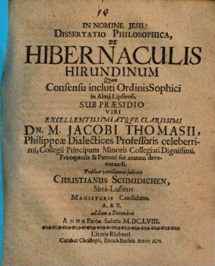 Dissertatio Philosophica, De Hibernaculis Hirundinum