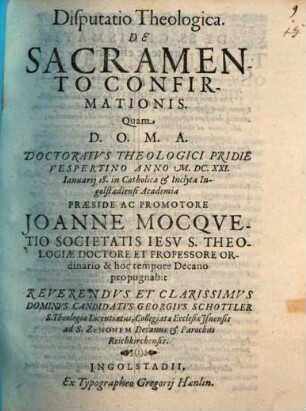 Disputatio Theologica De Sacramento Confirmationis