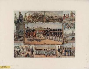 Gedenkblatt für das Königliche Sächsische Leib-Grenadier-Regiment, Lithographie, 1906 : Zur Erinnerung an meine Dienstzeit im Kgl. S. Leib-Grenadier-Regim. / entw., nach der Natur gemalt u. hrsg. v. Carl Henckel. - Dresden , 1906. - 1 Kunstbl. : Lithogr. ; 45 x 34 cm