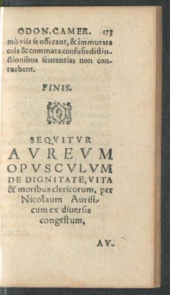 Sequitur Aureum Opusculum De Dignitate, Vita & moribus clericorum, per Nicolaum Aurificum ex diversis congestum.