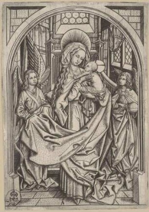 Die Madonna mit zwei Engeln vor dem Thron stehend