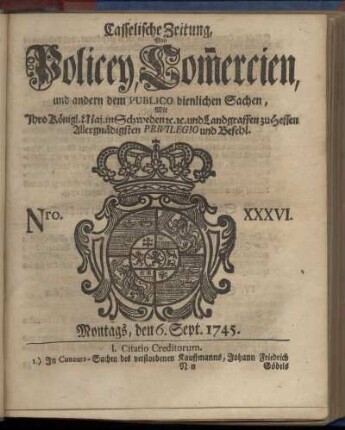 Nro. XXXVI, Montags, den 6. Sept. 1745