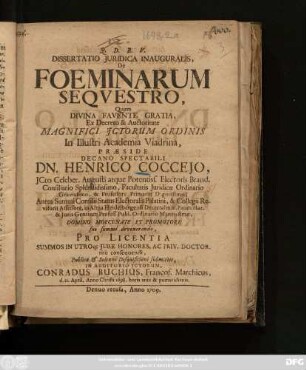 Dissertatio Juridica Inauguralis, De Foeminarum Seqvestro