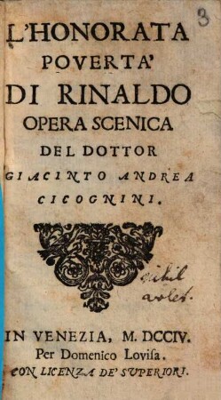 L' honorata povertà di Rinaldo : Op. scen.