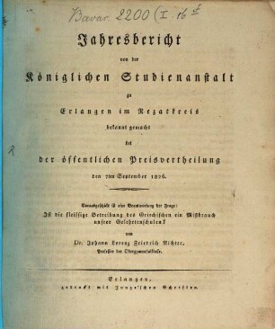 Jahresbericht über die Königliche Studienanstalt zu Erlangen : für das Studienjahr .... 1826