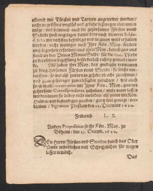 Andere Proposition so ihr Kön. May. zu Böheim/ den 23. Decemb. 1620.