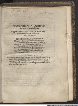 Vocabularius : vocum quae in opere grammatico plurimorum continentur, brevis interpretatio