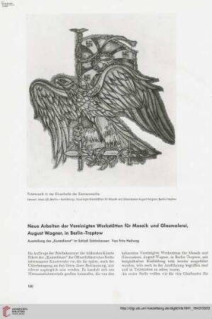 57: Neue Arbeiten der Vereinigten Werkstätten für Mosaik und Glasmalerei, August Wagner, In Berlin-Treptow : Ausstellung des "Kunstdienst" im Schloß Schönhausen