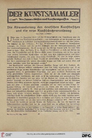 12.1920: Die Abwanderung des deutschen Kunstbesitzes und die neue Kunstschutzverordnung