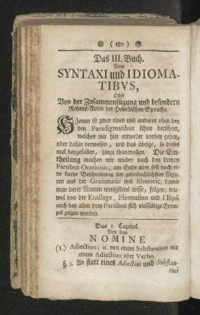 Das III. Buch. Vom Syntaxi und Idiomatibus, oder von der Zusammenfügung und besonderen Redens-Arten der Hebräischen Sprache.