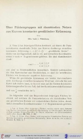 Über Flächengruppen mit rhombischen Netzen aus Kurven konstanter geodätischer Krümmung