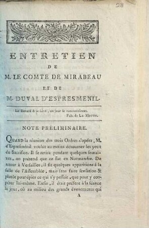 Entretien de M. le Comte de Mirabeau et de M. Duval d'Espresmenil
