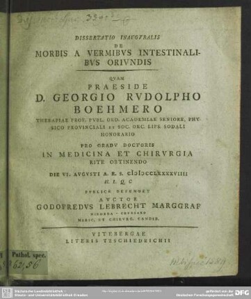 Dissertatio Inauguralis De Morbis A Vermibus Intestinalibus Oriundis