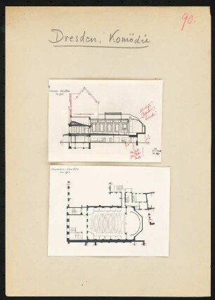 Komödienhaus, Dresden: Grundriss und Längsschnitt