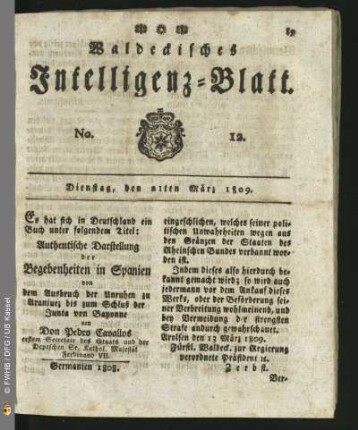 No. 12. Dienstag, den 21ten Maerz 1809