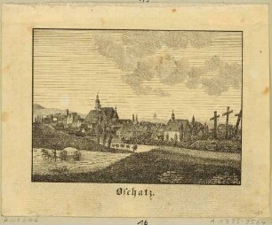 Stadtansicht von Oschatz in Sachsen von Südosten, links die Stadtkirche, rechts die Friedhofskirche St. Georg