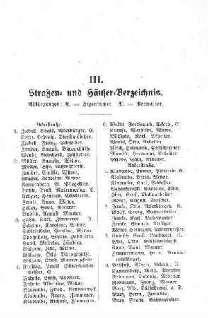 III. Straßen- und Häuser-Verzeichnis