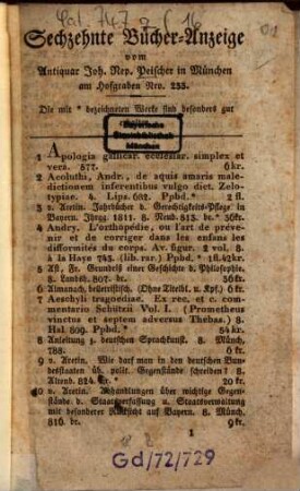 Bücher-Anzeige vom Antiquar Joh. Nep. Peischer in München. 16. [ca. 1828]