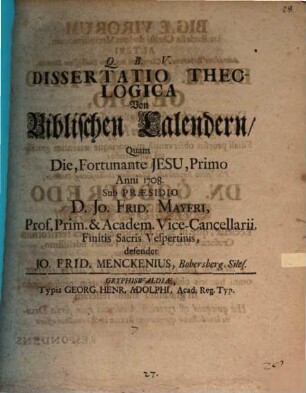 Dissertatio Theologica Von Biblischen Calendern