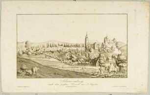 Ansicht von Schwarzenberg im Erzgebirge mit dem Schloss und der St-Georgen-Kirche, nach dem großen Brand am 2. Mai 1824