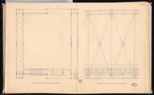 Eisenbahnbrücke Schinkelwettbewerb 1862: Längsschnitt (Ausschnitt), Querschnitt; Maßstabsleiste