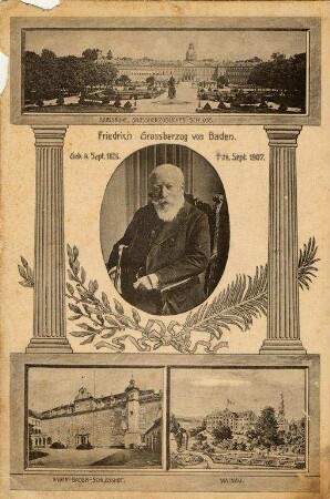 Postkartenalbum mit Motiven von Karlsruhe. "Karlsruhe. Großherzogliches Schloss. Friedrich Großherzog von Baden, geb. 9. September 1826, gestorben 28. September 1907. Baden-Baden - Schlosshof. Mainau". Großherzog Friedrich, Schloss, Schlosshof in Baden-Baden sowie Insel Mainau