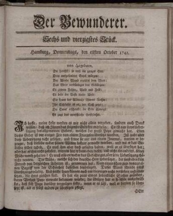 Sechs und vierzigstes Stück. Hamburg, Donnerstags, den eilften October 1742.