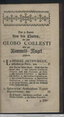 Das 1. Capitel. Von den Charten, die zum Globo Coelesti oder zur Himmels-Kugel gehören