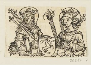 Brustbildnis König Luzius von Chur und seiner Schwester Emerita, aus: Hartmann Schedel, "Registrum huius operis libri cronicarum cu figuris et ymagibus ab inicio mudi", Nürnberg 12.7.1493, S. CXV verso