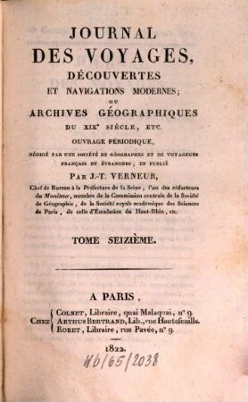 Journal des voyages, decouvertes et navigations modernes : ou archives géographiques et statistiques du 19. siècle, 16. 1822