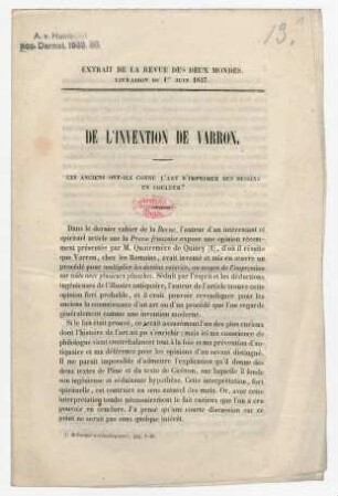 "De l'invention de Varron. Les anciens ont-ils connu l'art d'imprimer des dessins en couleur?"