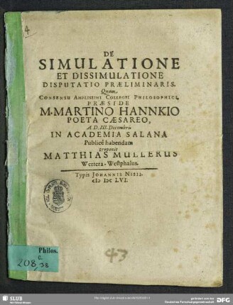 1: De Simulatione Et Dissimulatione Disputatio ...