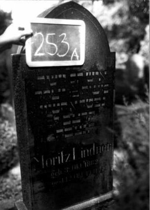 Grabstein 253 (Index: 100109496) Material: Granit Zustand: gut Maße HxBxT: 137x44x15 cm Beschreibung: Stele, Sockel, eingezogener Spitzbogenabschluß Symbolik: Davidstern: Grabstein 253A