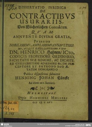 Dissertatio iuridica de contractibus usurariis