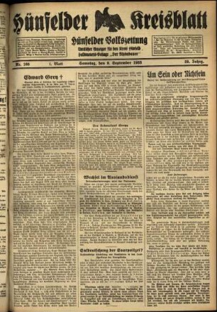 Erste Ausgabe vom Samstag, den 09. September 1933.