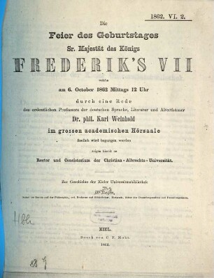 Zur Geschichte der Kieler Universitätsbibliothek : I.: Akad. Festschr. zum 6. Okt. 1862 ; II.: Akad. Festschr. zum 6. Okt. 1863, 1
