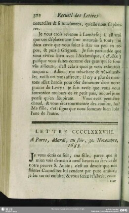 Lettre CCCCLXXXVIII. A Paris, Mardi, au soir, 30. Novembre, 1688