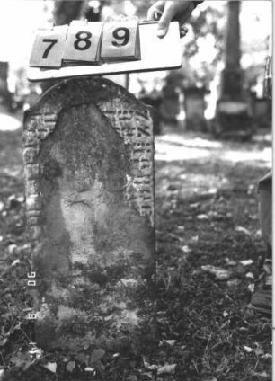 Grabstein 789 (Index: 99788609) Material: Sandstein Zustand: sehr stark verwittert mit fast vollständigem Textverlust Maße HxBxT: 67x29x9 cm: Grabstein 789