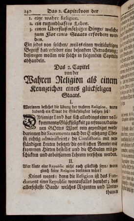 140-146, Das 2. Capitel von der Wahren Religion als einem Kennzeichen eines glückseligen Staats