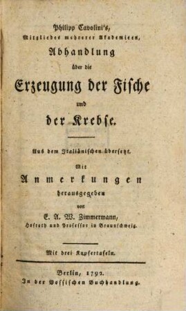 Philipp Cavolini's, Mitgliedes mehrerer Akademieen, Abhandlung über die Erzeugung der Fische und der Krebse