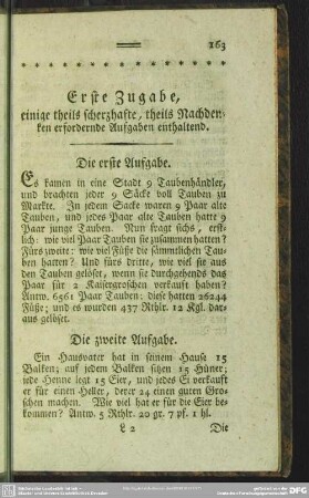 Erste Zugabe, einige theils scherzhafte, theils Nachdenken erfordernde Aufgaben enthaltend
