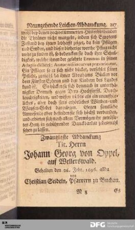 Zwantzigste Abdanckung Tit. Herrn Johann Georg von Oppel...